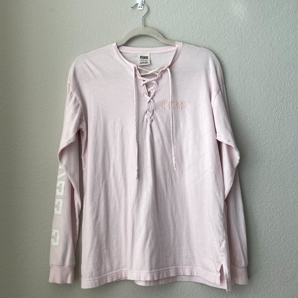 PINK Victoria’s Secret Women's Light Pink Logo Lace Up Pullover T-Shirt Size XS - Picture 1 of 7